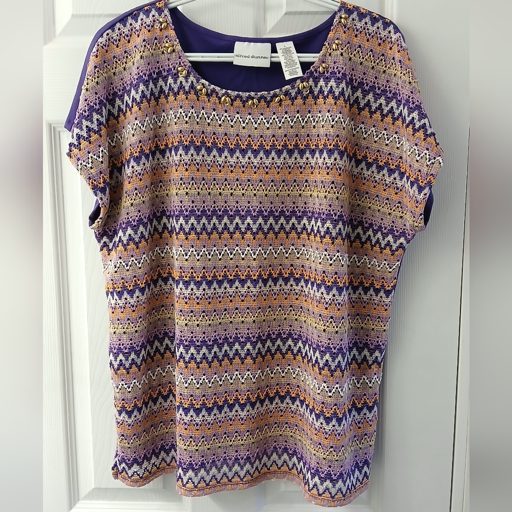 Alfred Dunner Zigzag Crochet Beaded Top – Size Large – Mardi Gras Vibes